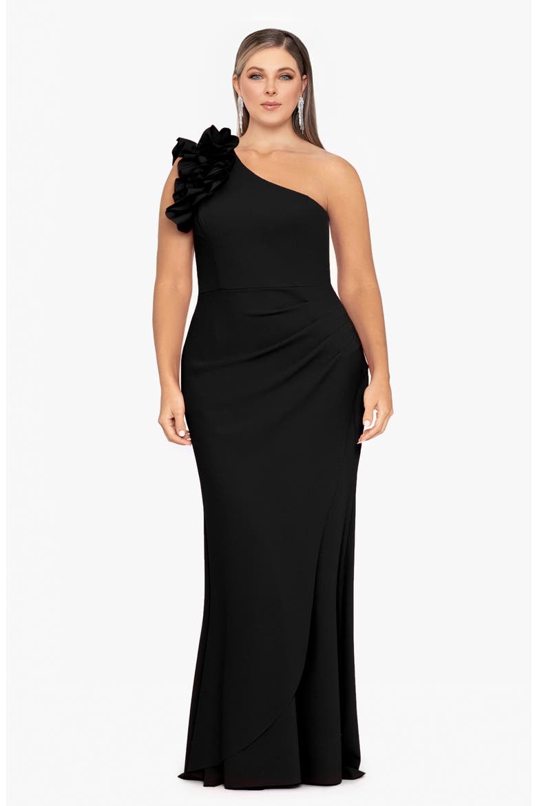 Ruffle Detail One-Shoulder Sheath Gown, Main, color, BLACK