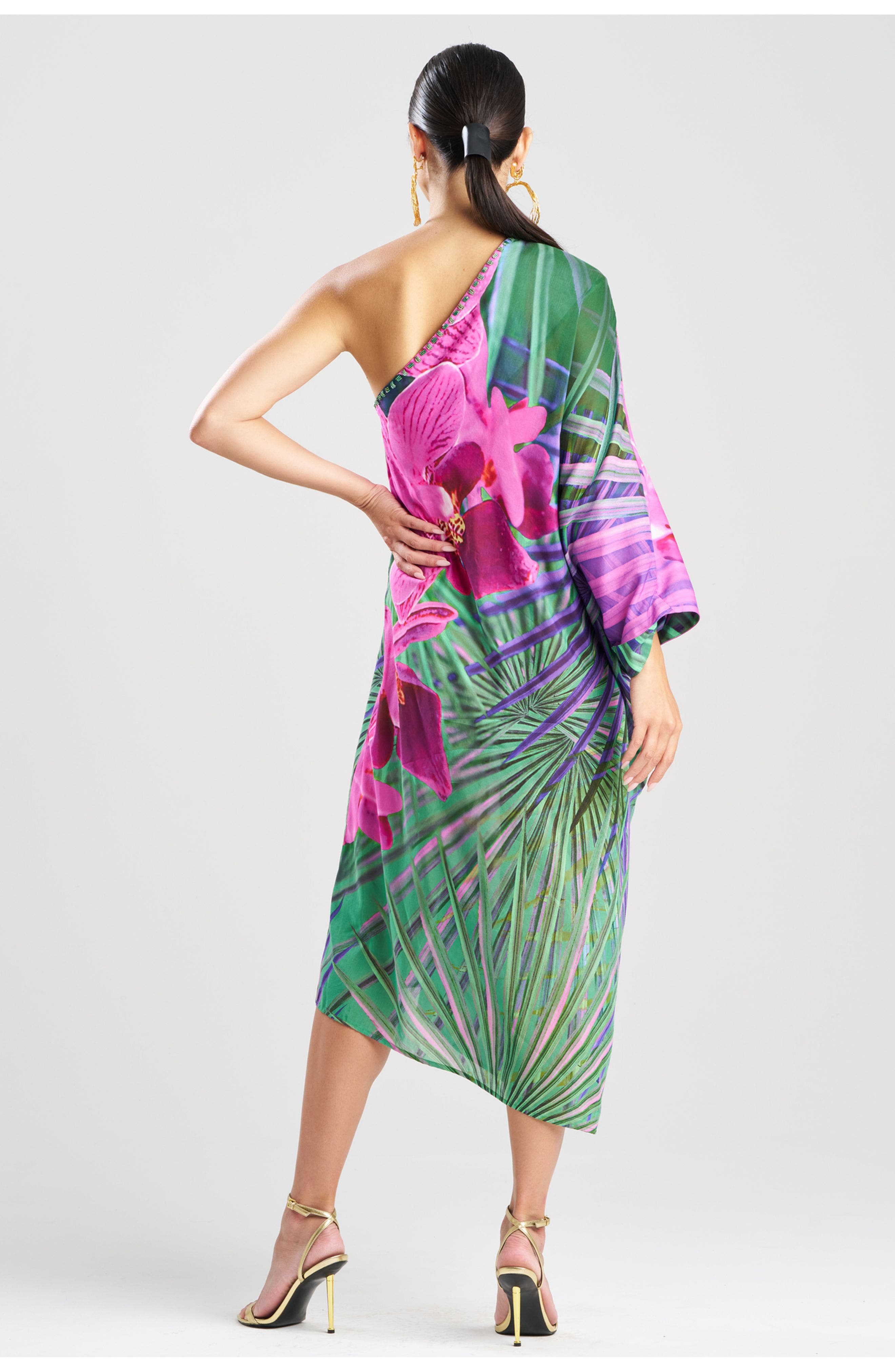Orchid Silk Cotton Voile One Shoulder Caftan w/ Beading - image 2