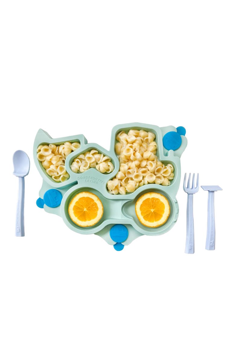 Truck Theme Divided Suction Training Plate and Utensils for Kids and Toddlers, Alternate, color, Teal
