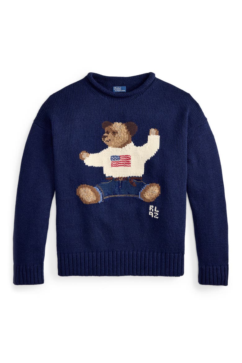 Polo Bear Intarsia Cotton & Linen Sweater, Alternate, color, NAVY