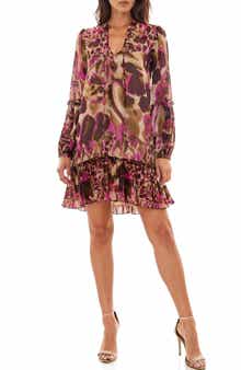 Socialite Floral Print Long Sleeve Drop Waist Chiffon Minidress