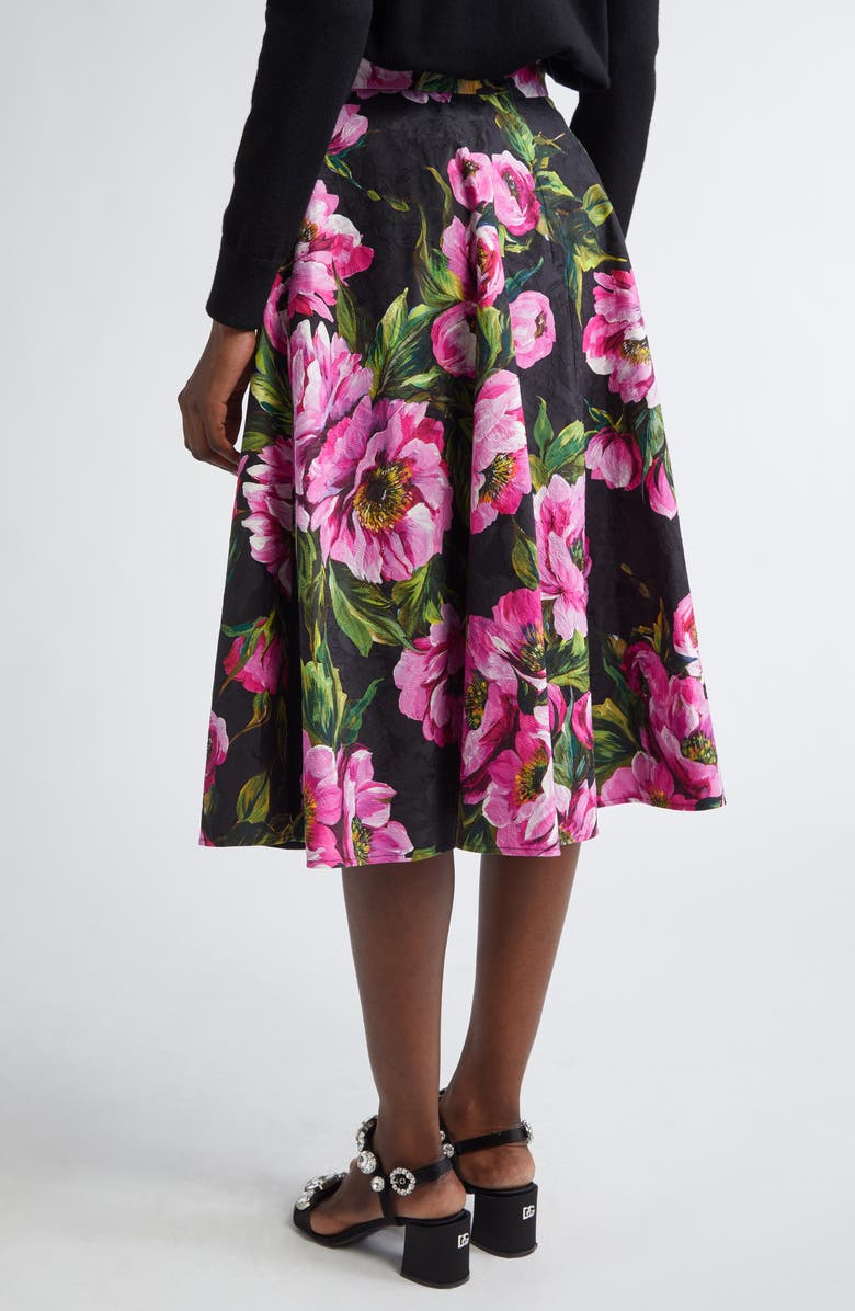 Dolce&Gabbana Peony Print Pleated Stretch Jacquard Skirt, Alternate, color, Peonie Fuxia F.nero