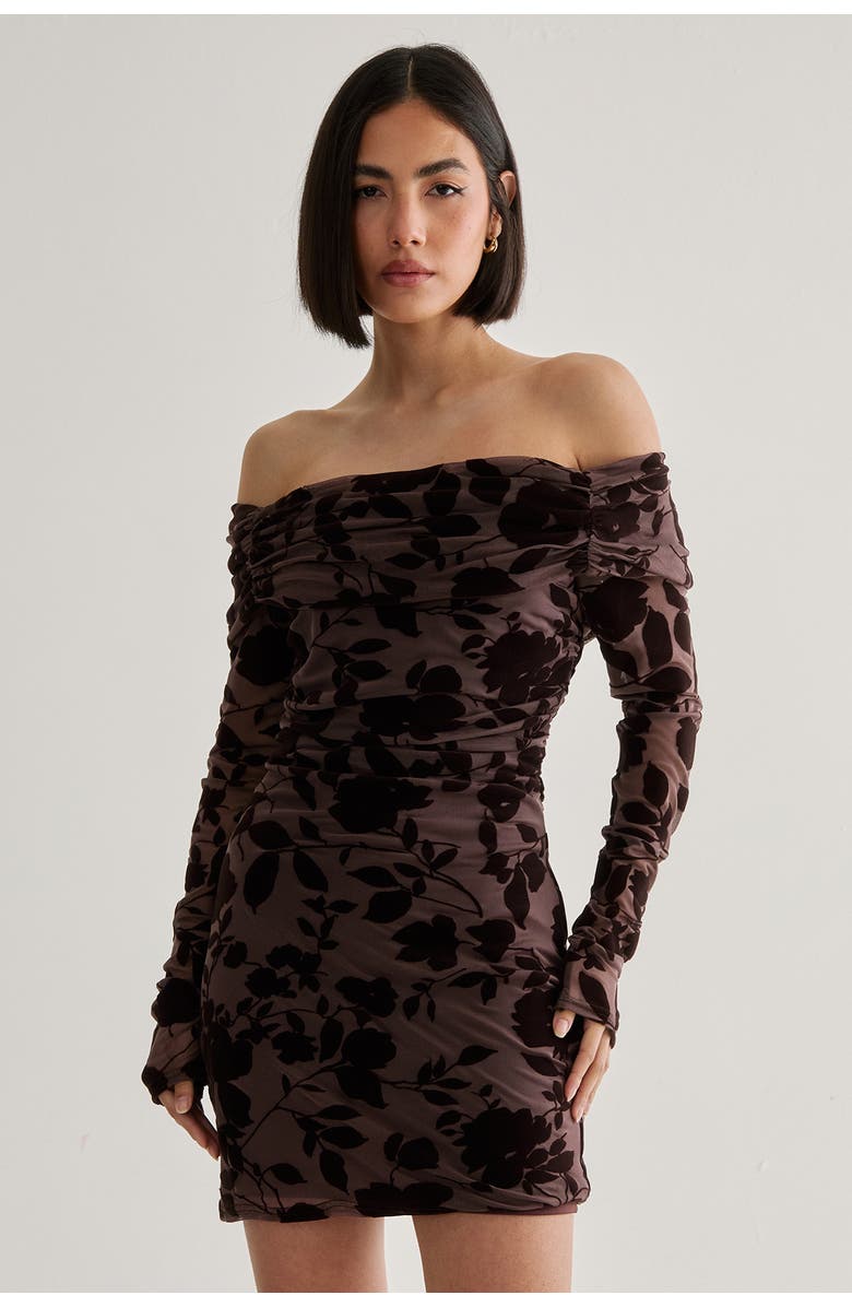 NASTY GAL Floral Devore Ruched Mini Dress, Main, color, Chocolate