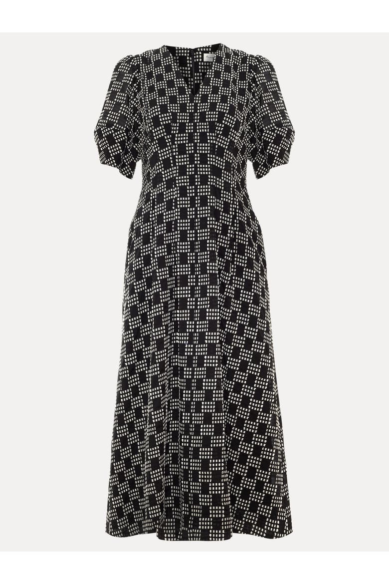 Yasmine V-Neck Printed A-Line Dress, Alternate, color, Black/Ivory