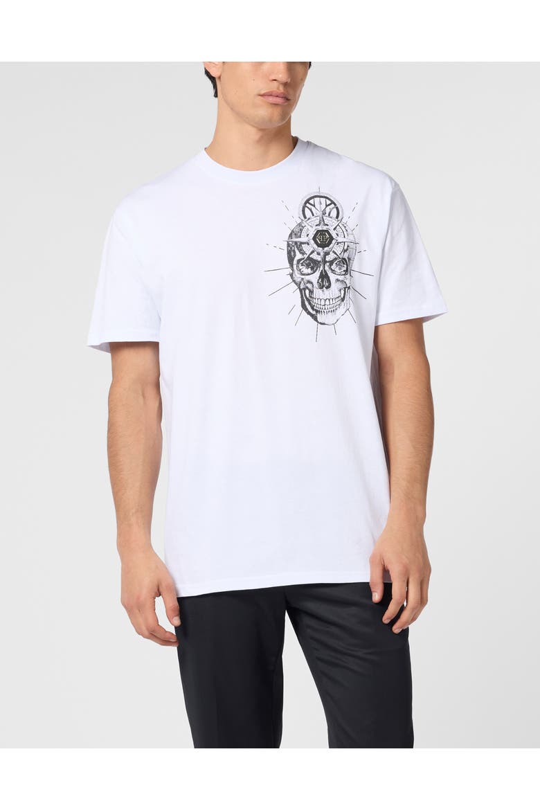 Round Neck T-Shirt Skull Tattoo Men, Main, color, white
