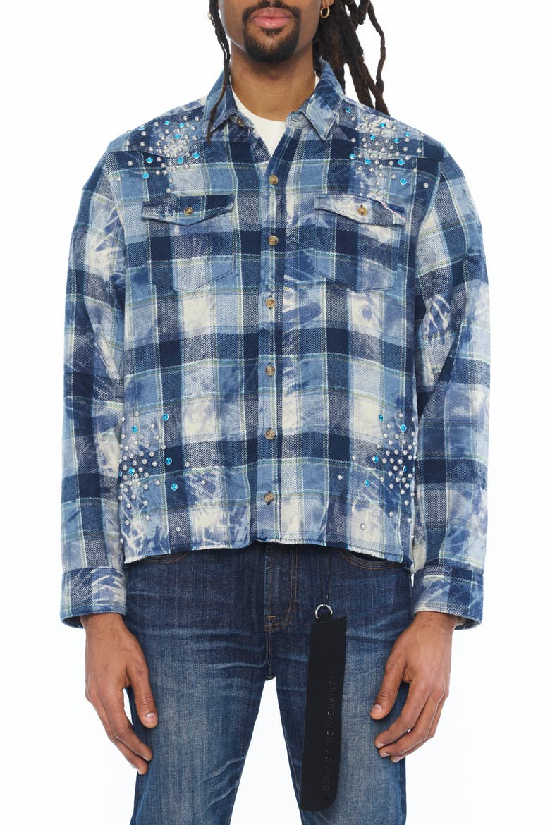 Embellished Plaid Long Sleeve Button Up Shirt, Main, color, BLUE STEEL PLAID