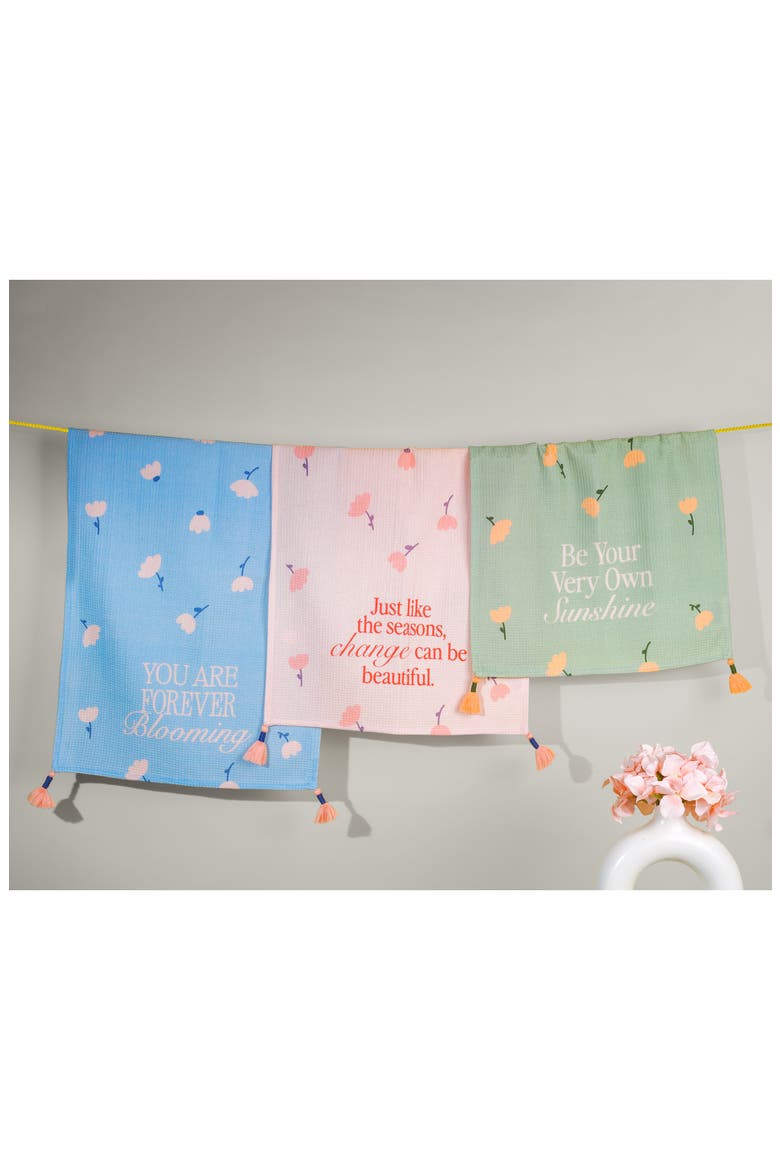 Set of Three Daily Affirmation Pastel Kitchen Towels, Alternate, color, SAGE GREEN/ DUSTY ROSE