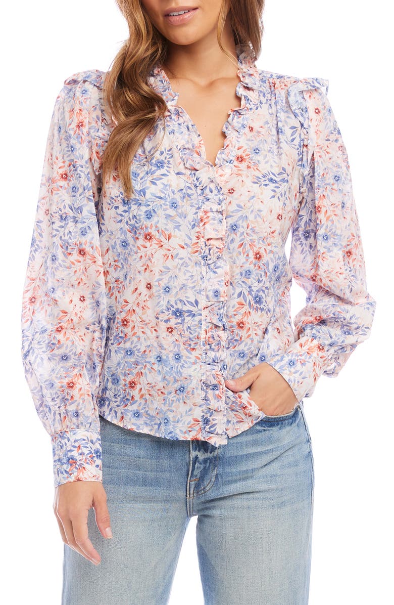 FIFTEEN TWENTY Floral Ruffle Trim Button-Up Shirt, Main, color,