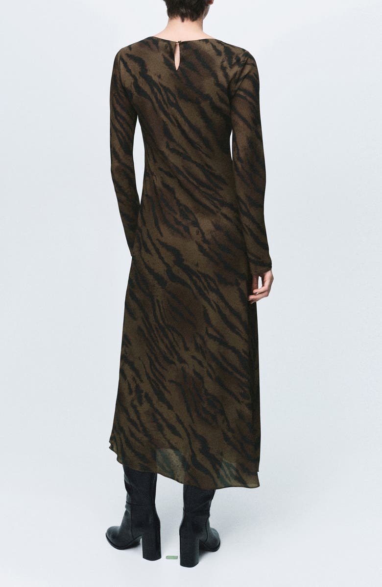 MANGO Satin Animal Print Midi Dress, Alternate, color, Brown