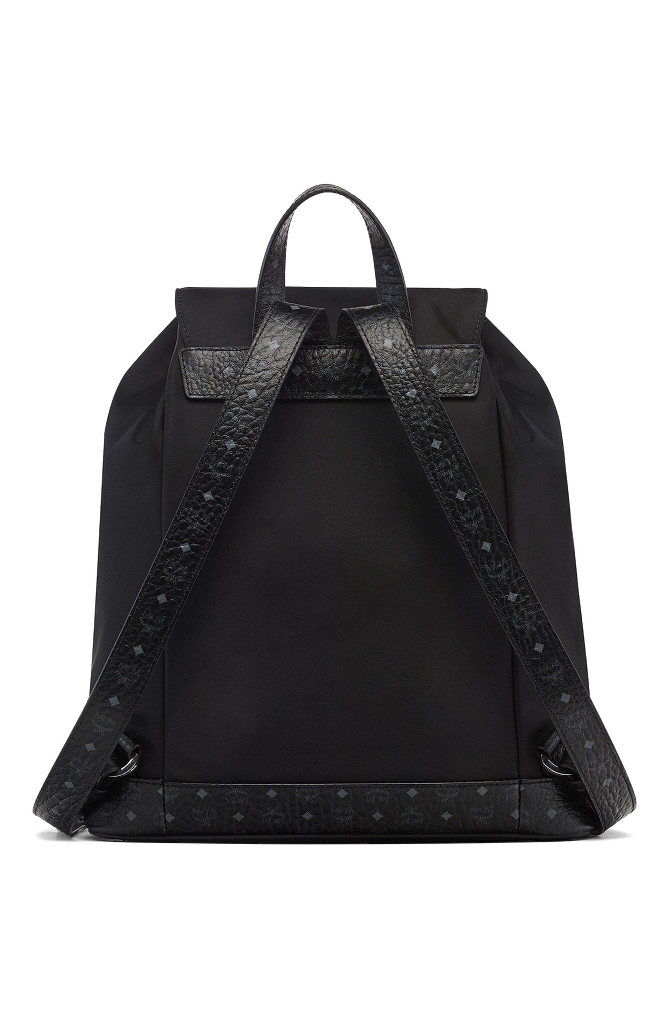 MCM Small Aren Drawstring Backpack in ECONYL and Leather, Alternate, color, Black