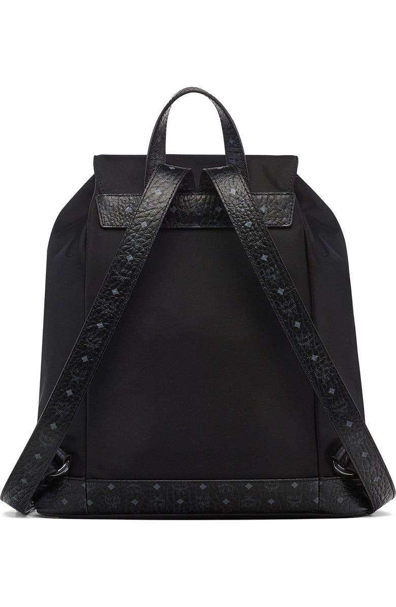 MCM Small Aren Drawstring Backpack in ECONYL and Leather, Alternate, color, Black