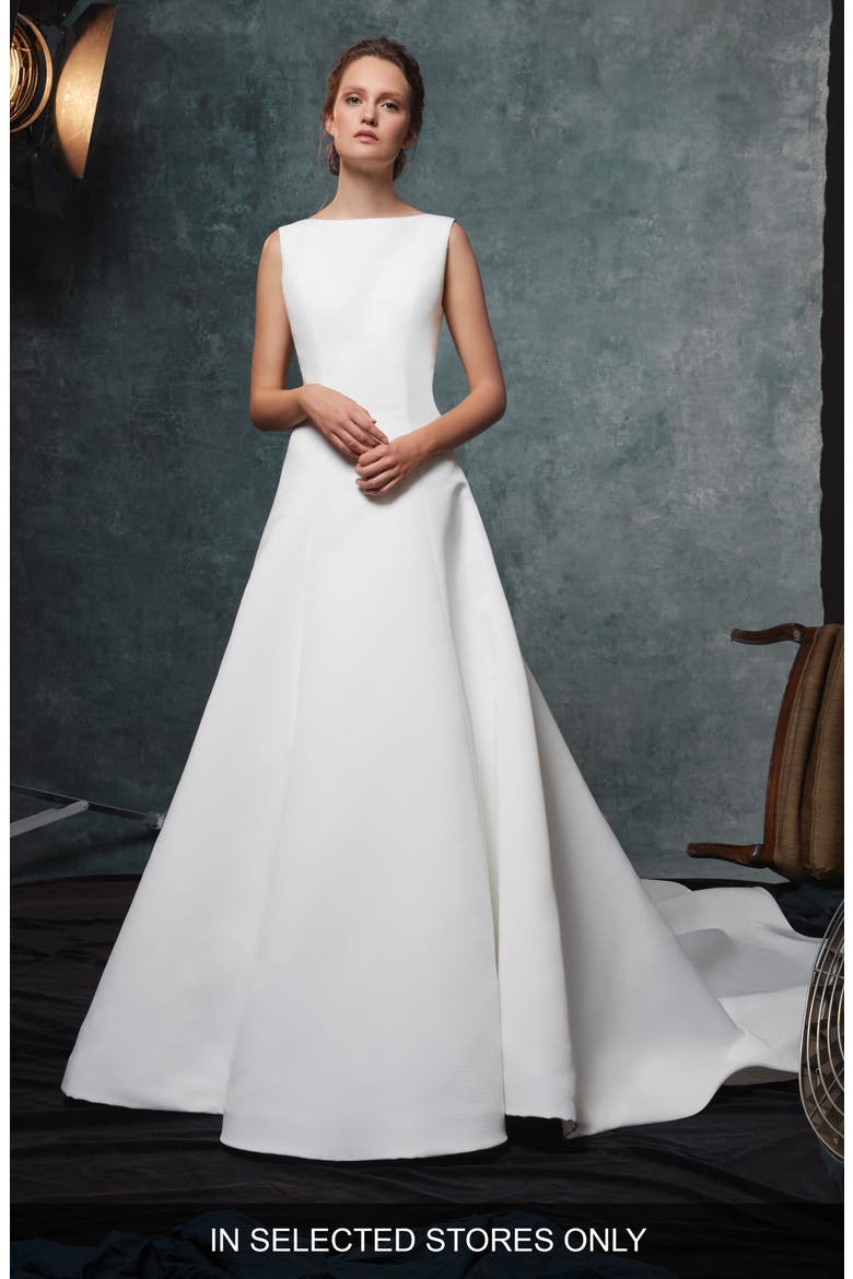 Dakota Fit & Flare Faille Wedding Dress, Main, color, IVORY