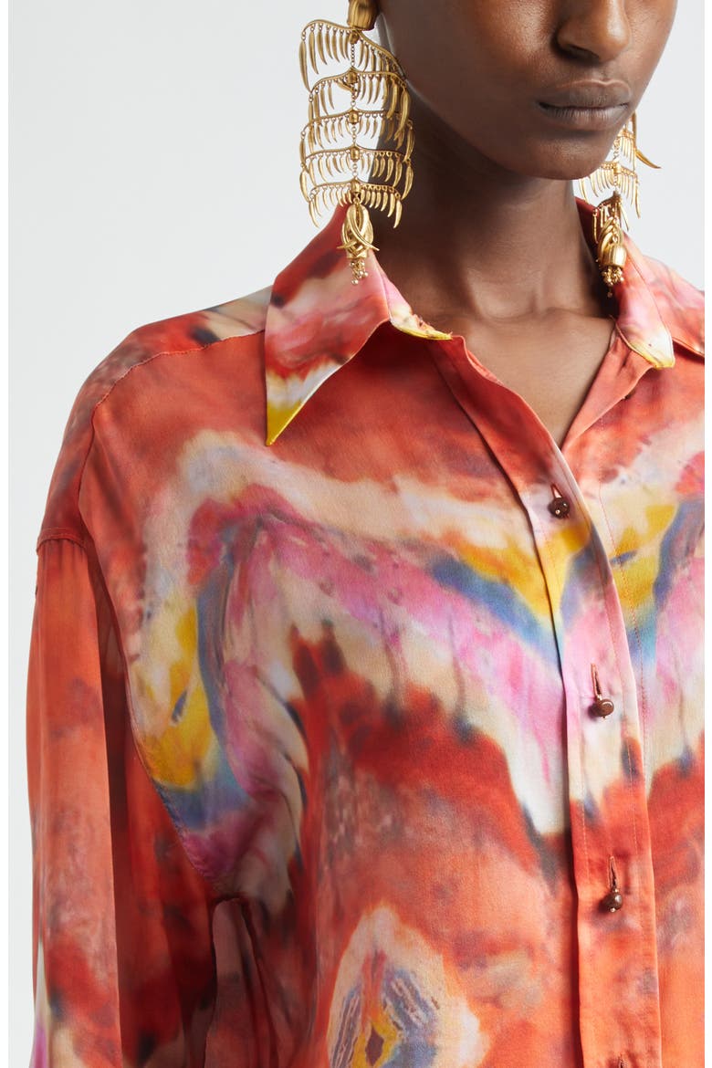 Kindred Spirit Alchemy Relaxed Silk Satin Button-Up Shirt, Alternate, color, RUBY TIE DYE