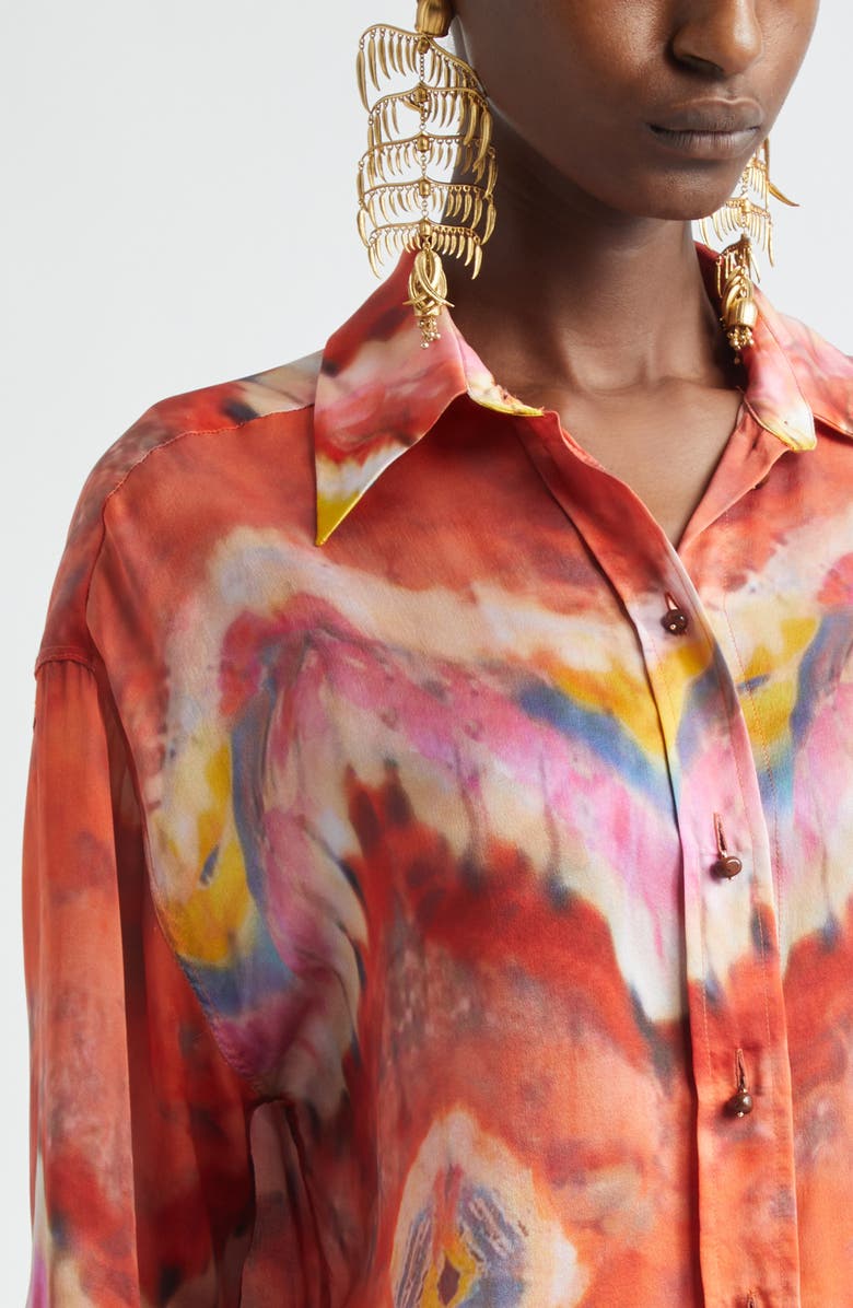 Zimmermann Kindred Spirit Alchemy Relaxed Silk Satin Button-Up Shirt, Alternate, color, Ruby Tie Dye