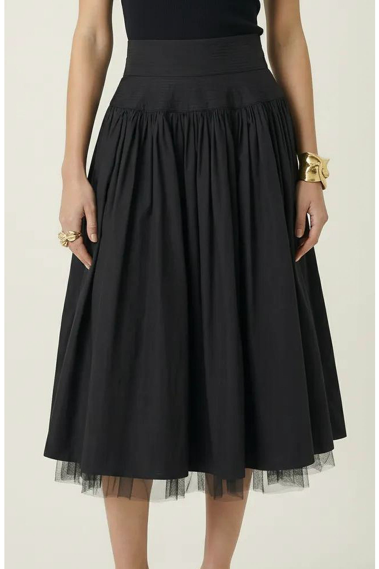 High Waist Midi Skirt with Tulle Hem, Main, color, Black