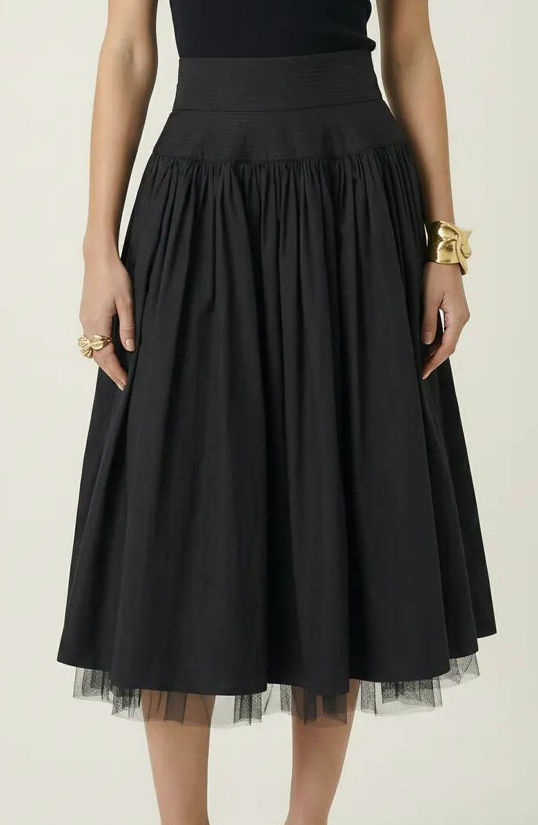 Modenaire High Waist Midi Skirt with Tulle Hem, Main, color, Black