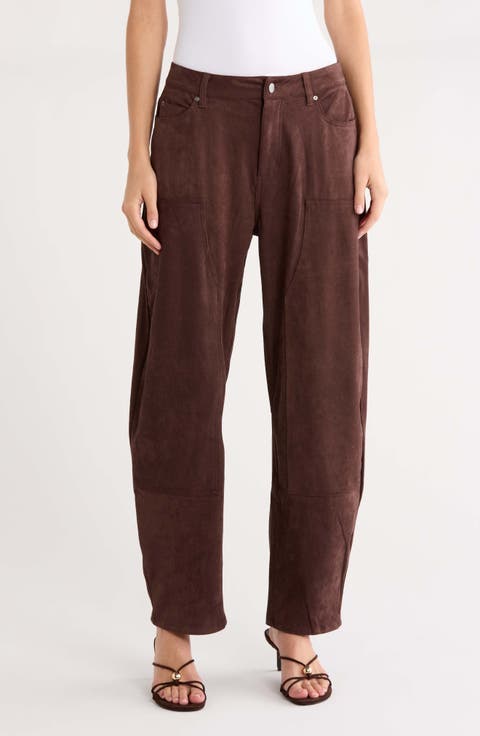 High Waist Faux Suede Barrel Leg Jeans
