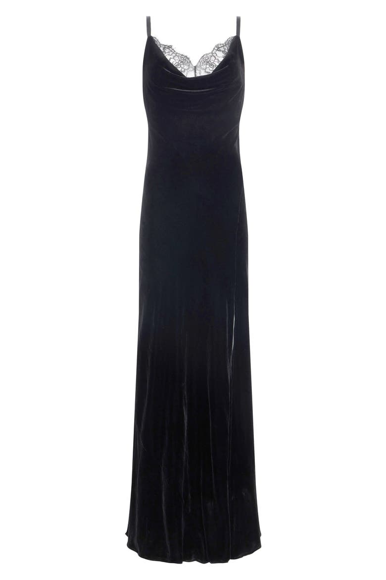 Venice Lace Trim Velvet Gown, Alternate, color, BLACK