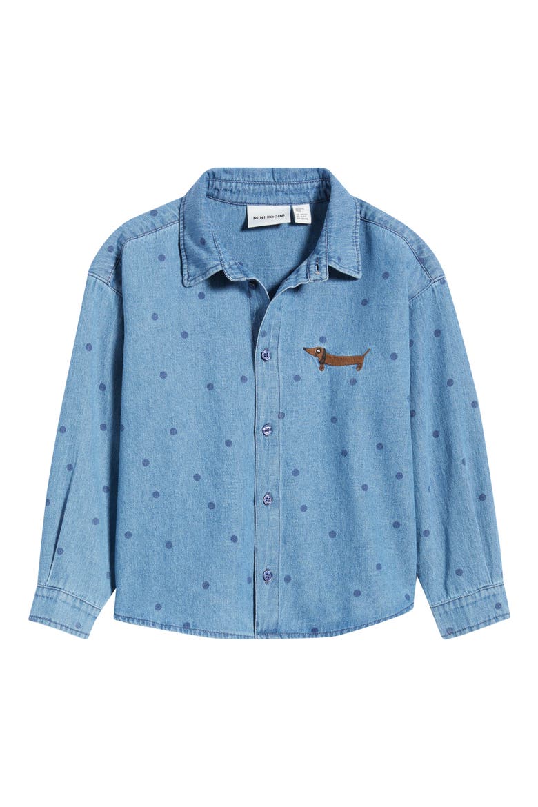 Kids' Dot Print Denim Button-Up Shirt, Main, color, BLUE