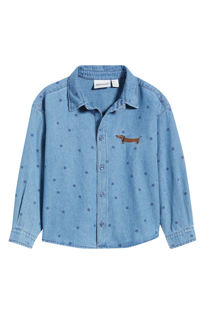 Mini Rodini Kids' Dot Print Denim Button-Up Shirt, Main, color, Blue