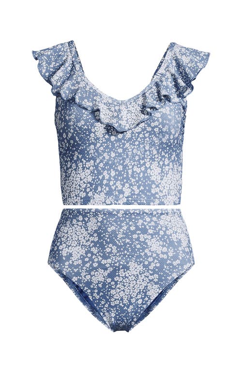 Lands' End Pique Ruffle Tankini Top And High Waisted Bottom Swimsuit Set In Dusk Sky Meadow Ditsy Floral