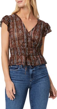 PAIGE Pancetta Smocked Waist Silk Blend Top