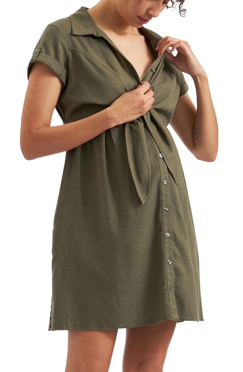 Ripe Maternity Colette Tie Up Linen Dress, Alternate, color, Olive