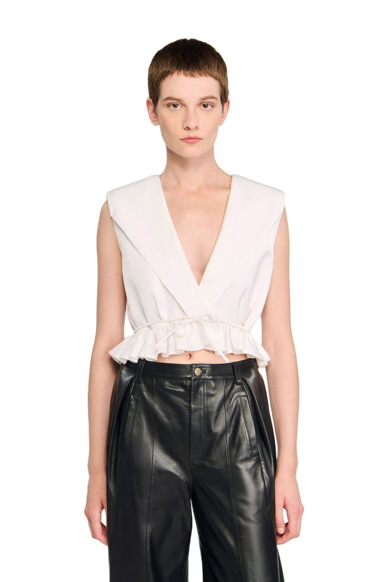 Ruffled V-neck crop top, Alternate, color, Ecru