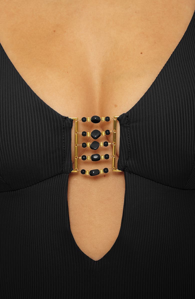 Becca Modern Edge Beaded Cutout Rib One-Piece Swimsuit, Alternate, color, Black