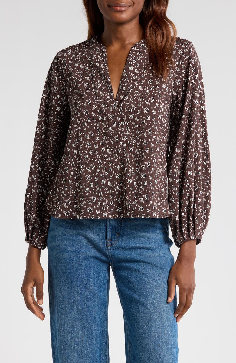 Madewell V-Neck Long Sleeve Cotton Blend Top, Main, color, Dark Carob