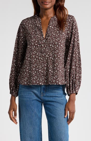 Madewell V-neck Long Sleeve Cotton Blend Top In Dark Carob