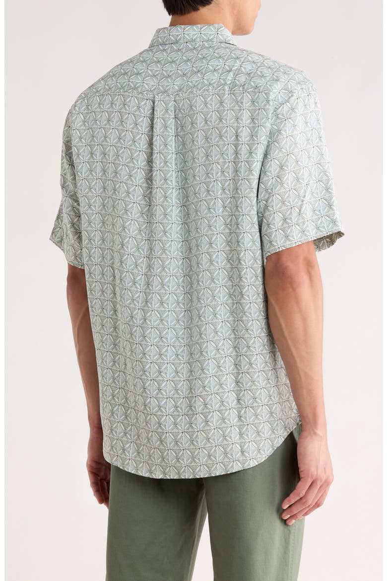 Wash of Watercolor Geo Print Short Sleeve Button-Up Shirt, Alternate, color, TEA LEAF