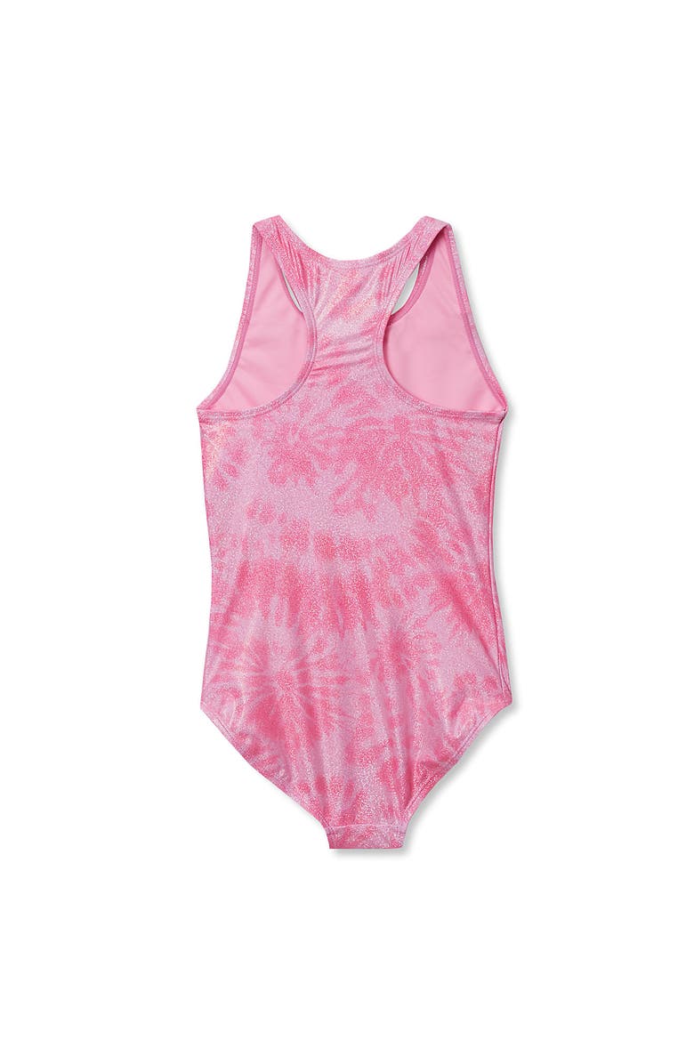 Lands' End Girls Plus Chlorine Resistant Sporty Hi-Neck Racer Back One Piece Swimsuit, Alternate, color, Pink/Foil/Tie Dye