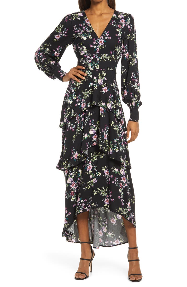 Fourteenth Place Floral Long Sleeve Tiered High/Low Dress, Main, color, 