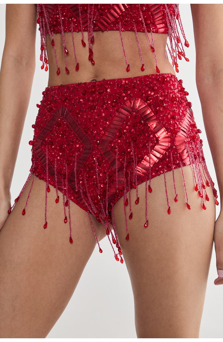 NASTY GAL Embellished Tassel Beaded Booty Shorts, Main, color, Red