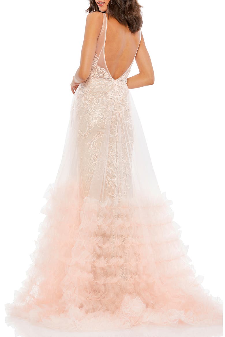 Sequin Lace Ruffle Tulle Overlay Sheath Gown, Alternate, color, PEACH
