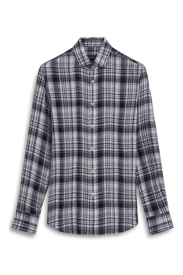 Shaped Fit Plaid Linen Button-Up Shirt, Alternate, color, BLACK