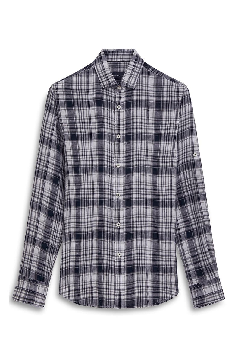 Bugatchi Shaped Fit Plaid Linen Button-Up Shirt, Alternate, color, 