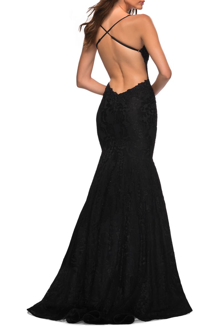 Mermaid Lace Gown with Sheer Bodice and Open Back, Alternate, color, Black