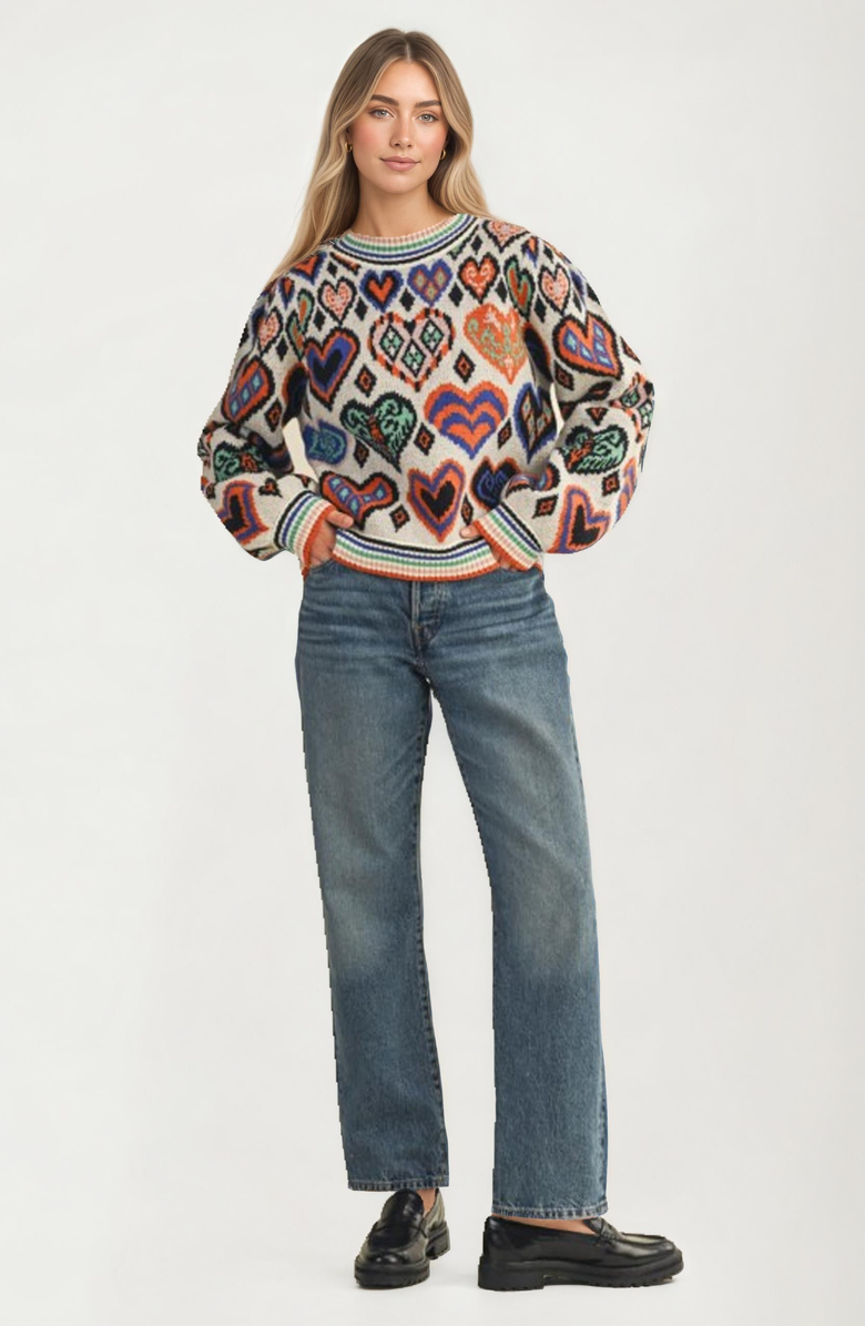 Knit and Lounge Colorful Heart Print Knit Sweater, Alternate, color, 