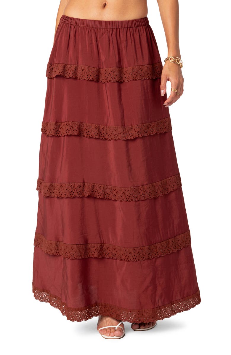 EDIKTED Eyelet Trim Tiered Cotton Blend Maxi Skirt, Main, color, 