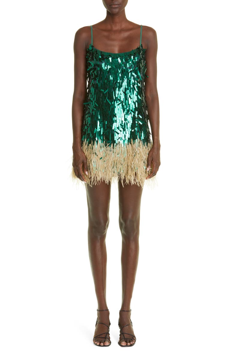 Royal Dancer Paillette & Feather Minidress, Main, color, FOREST