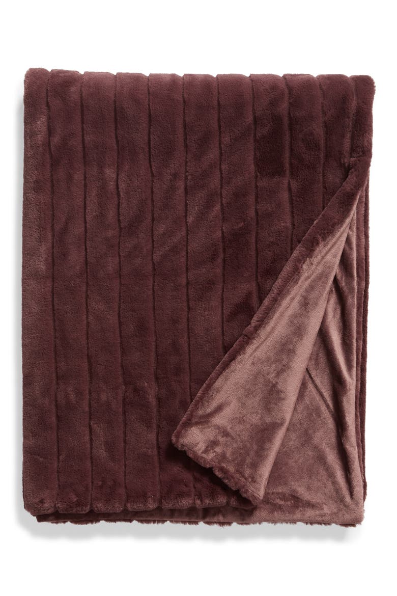 Sheared Stripe Faux Fur Throw, Main, color, BURGUNDY HUCKLE