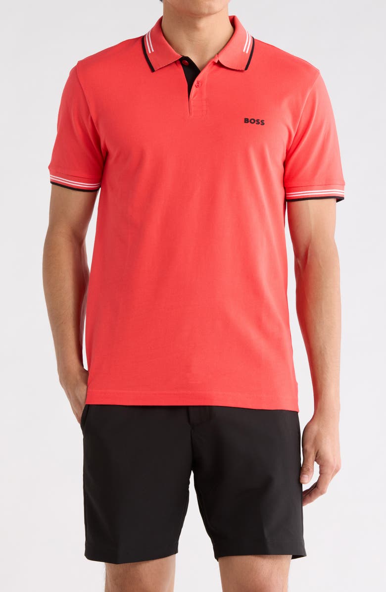BOSS Pail Tipped Stretch Cotton Knit Polo, Main, color, Open Red