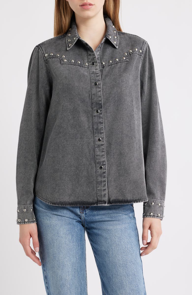 Rails Vinea Stud Accent Western Snap-Up Denim Shirt, Main, color, Black