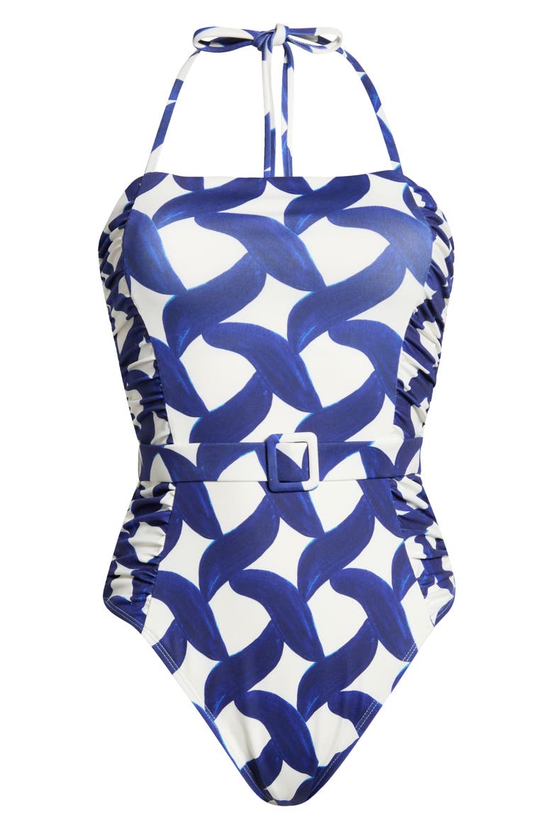 Kylah Shirred Belted One-Piece Swimsuit, Alternate, color, IVORY/BLUE