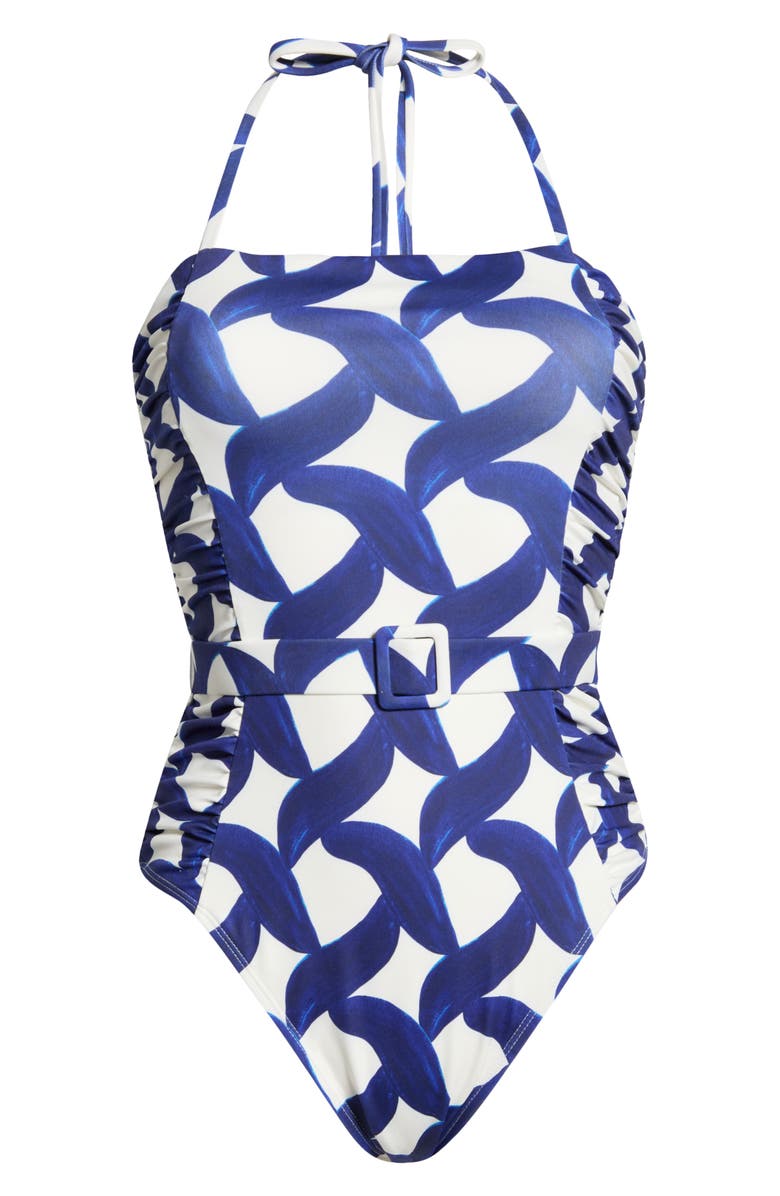 Hutch Kylah Shirred Belted One-Piece Swimsuit, Alternate, color, Ivory/Blue