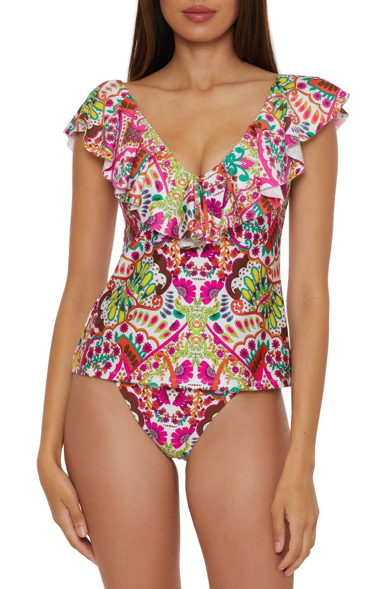 Trina Turk Hawaiian Ruffle Tankini Top, Main, color, Pink Multi