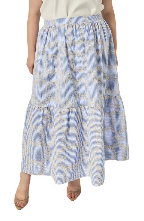 Embroidered Stripe Midi Skirt