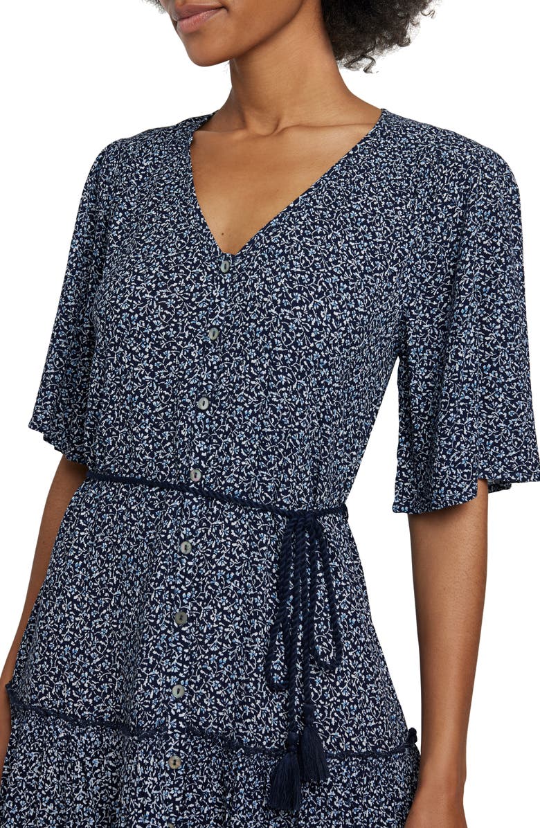 Faherty Orinda Tie Waist Button-Up Crepe Minidress, Alternate, color, Navy Riverton Ditsy